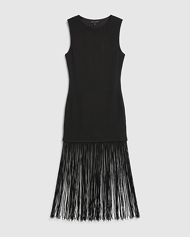 Black Plisse Fringe Trim Maxi Dress