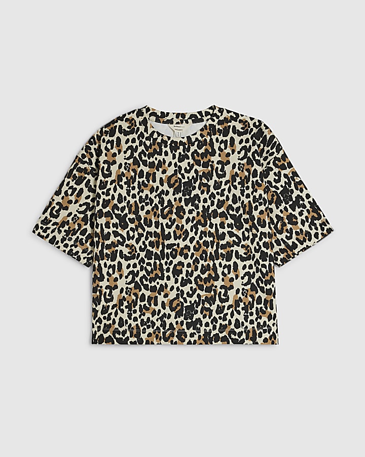Petite Brown Premium Leopard Boxy T-Shirt