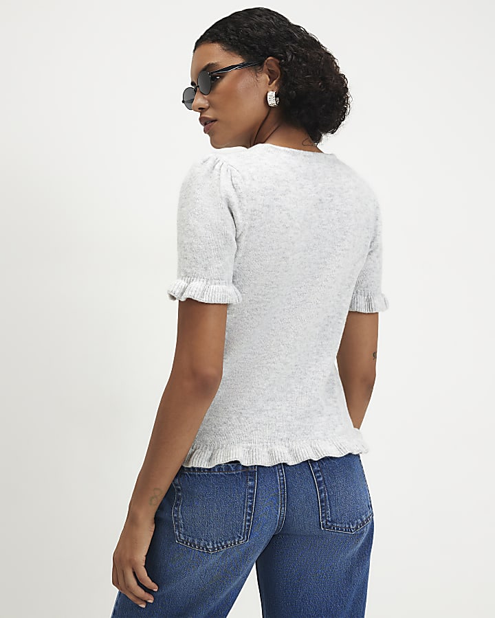 Grey Knit Frill Trim T-Shirt