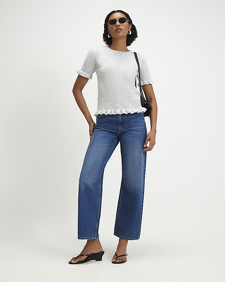 Grey Knit Frill Trim T-Shirt