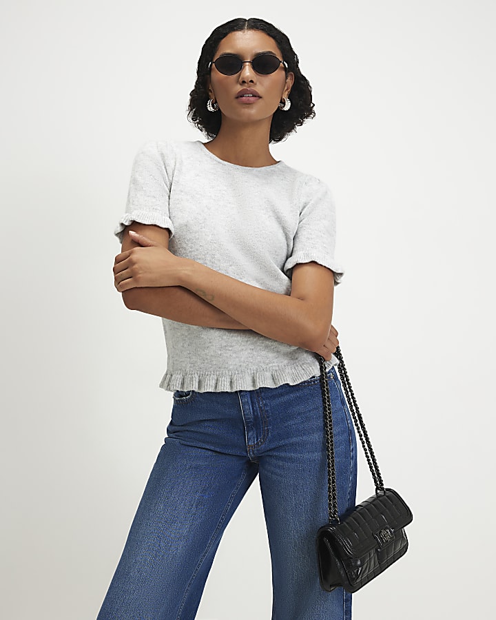 Grey Knit Frill Trim T-Shirt