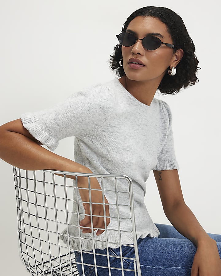 Grey Knit Frill Trim T-Shirt