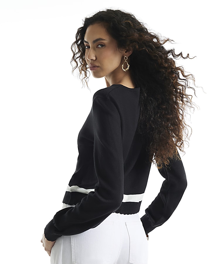 Black Open Button Blocked Cardigan