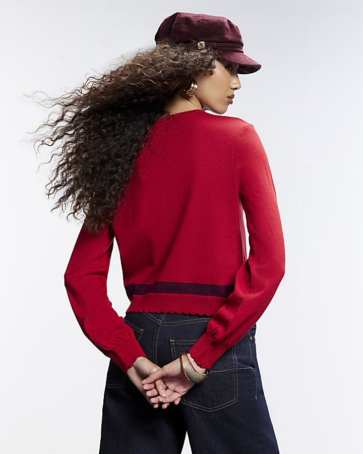 Red Open Button Blocked Cardigan