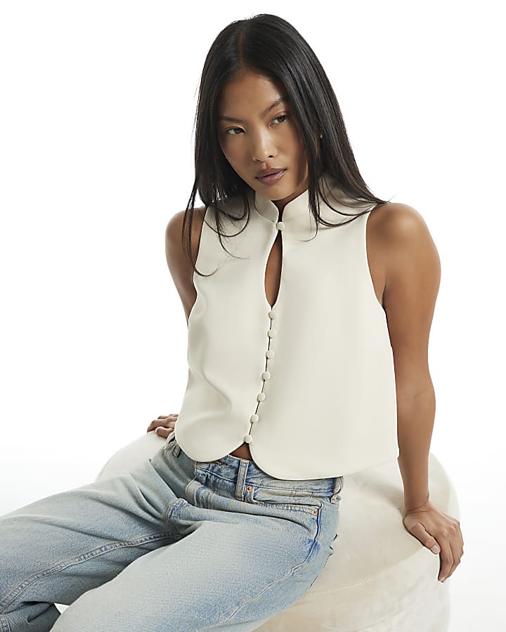 Petite Cream Boxy Stand Up Collar Top