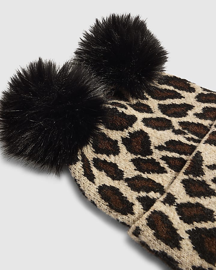 Brown Leopard Pom Pom Beanie