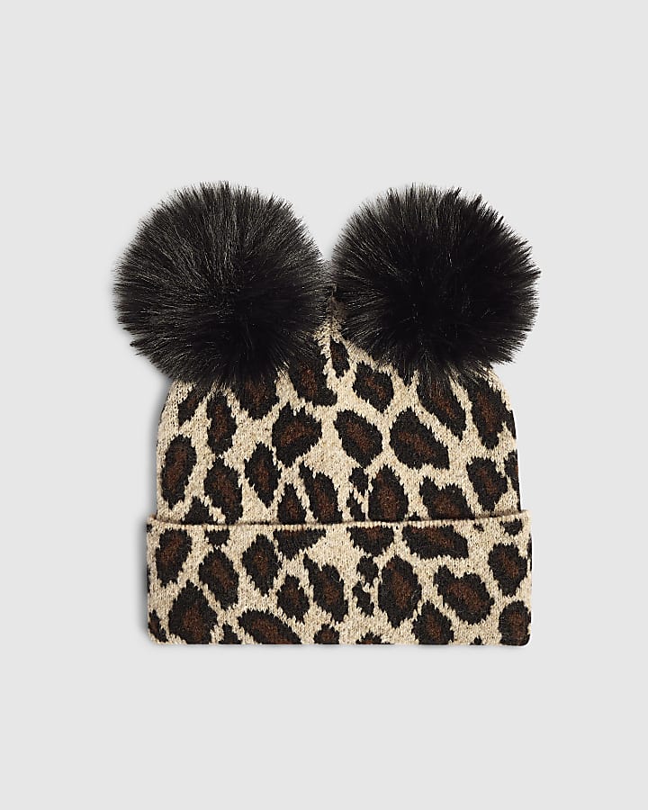 Brown Leopard Pom Pom Beanie