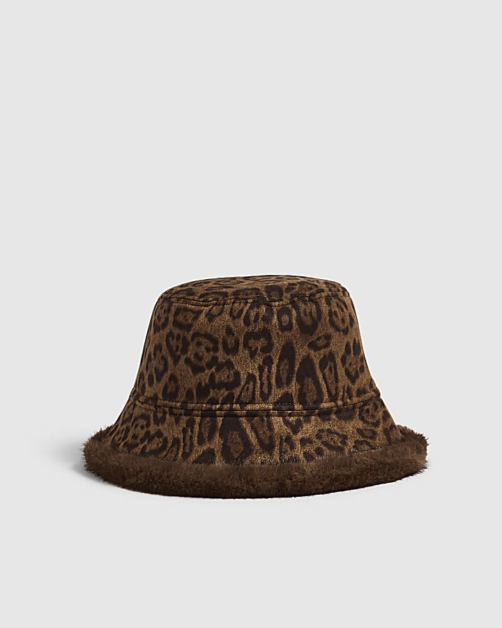 Brown Reversible Faux Fur Leopard Bucket Hat
