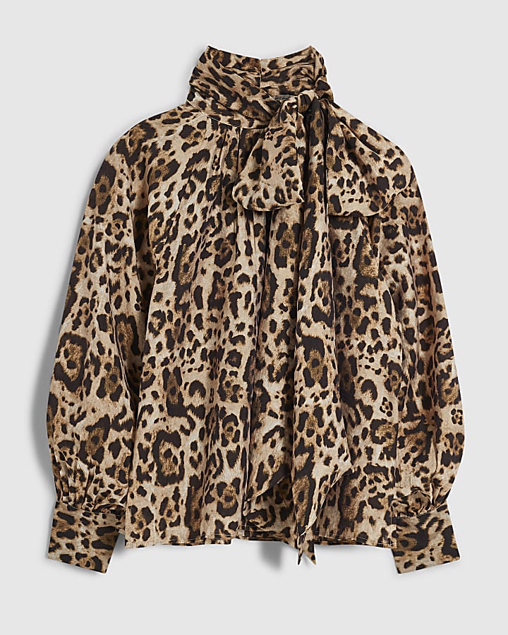 Petite Beige Leopard Pussybow Blouse