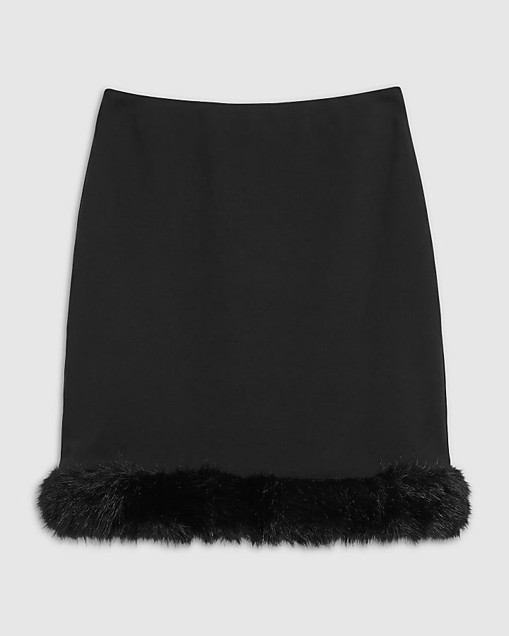 Black Fur Trim Mini Skirt