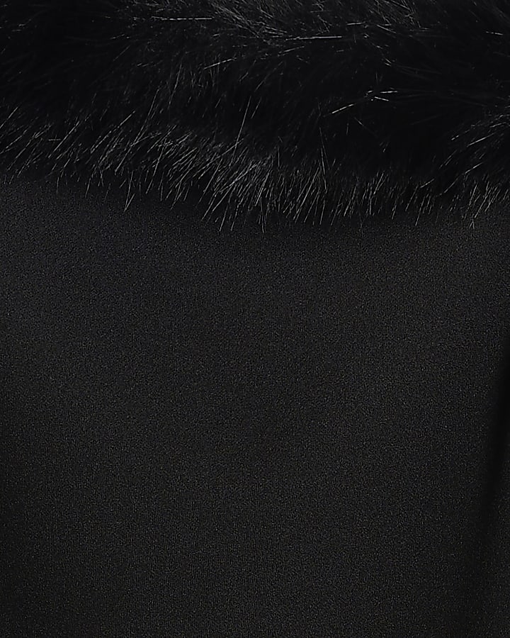 Black Fur Trim Mini Dress