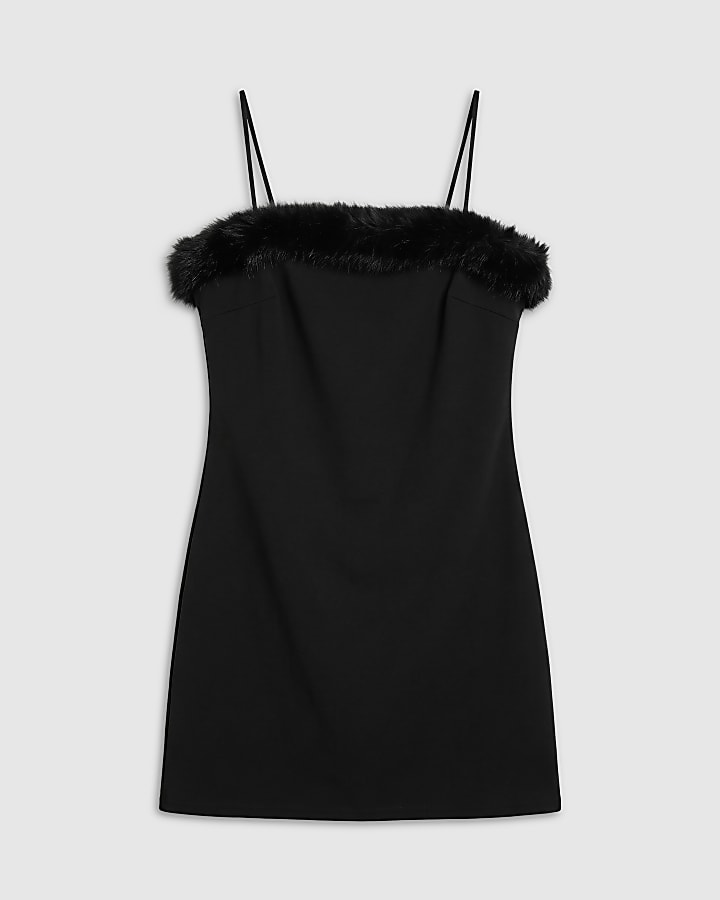 Black Fur Trim Mini Dress
