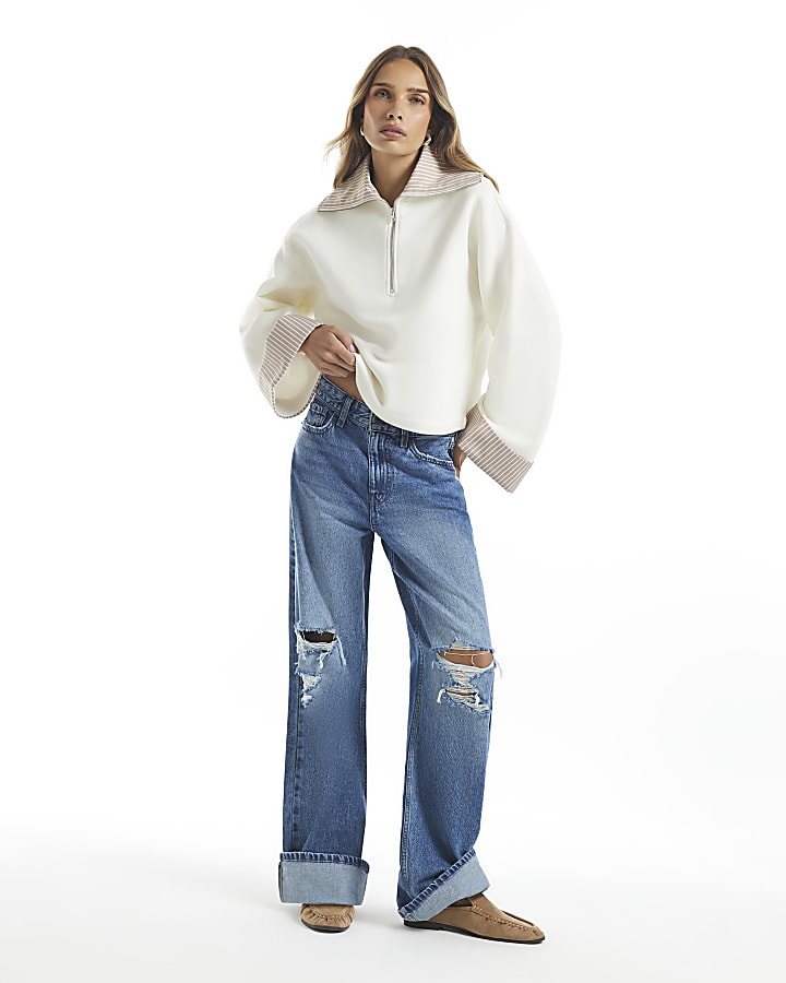 Cream Stripe Half Zip Top