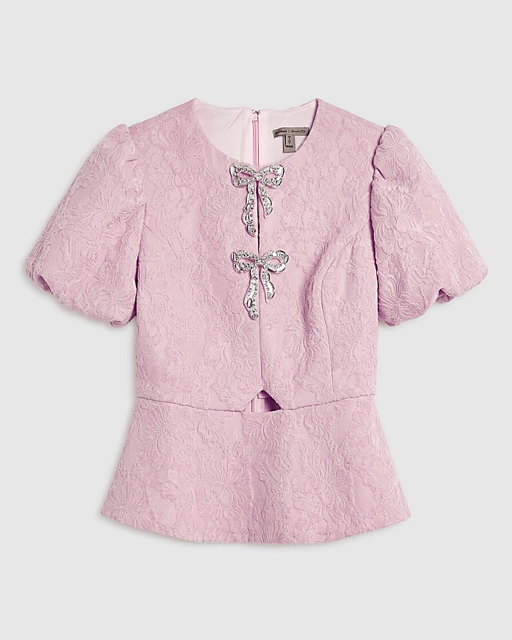 Pink Lace Embellished Bow Peplum Top