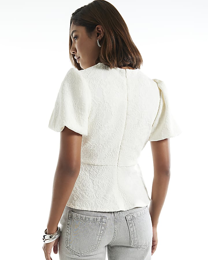 Cream Lace Embellished Bow Peplum Top