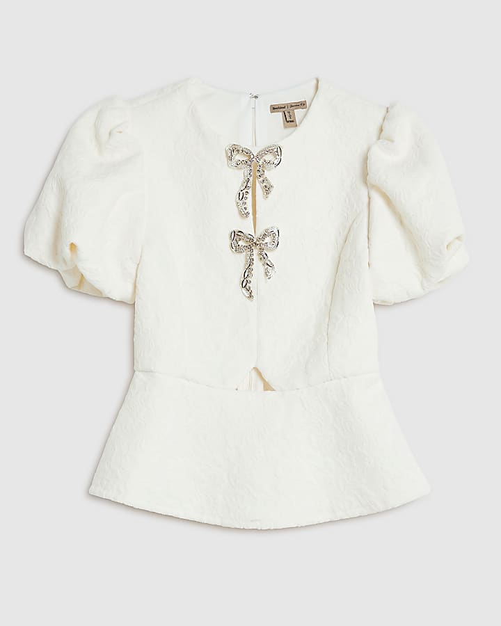 Cream Lace Embellished Bow Peplum Top
