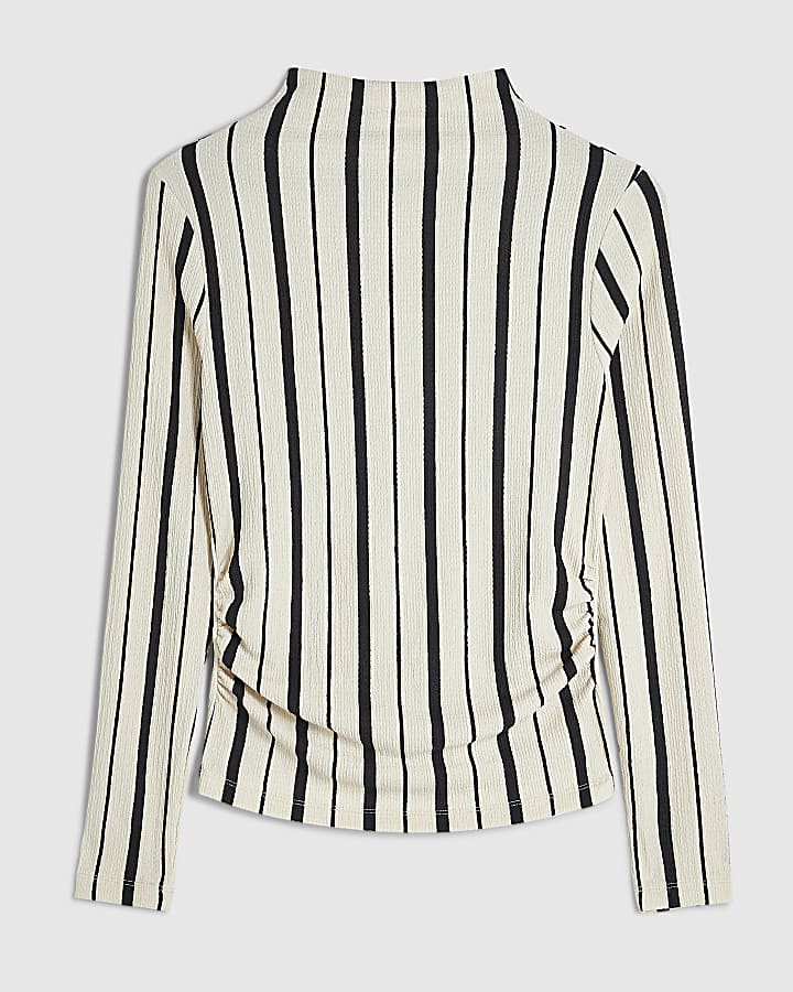 Black Long Sleeve Shirred Stripe Top