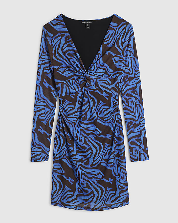 Blue Animal Print Mesh Mini Dress