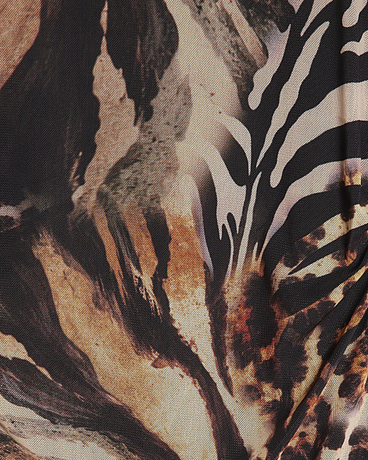 Beige Mixed Animal Print Mesh Maxi Dress