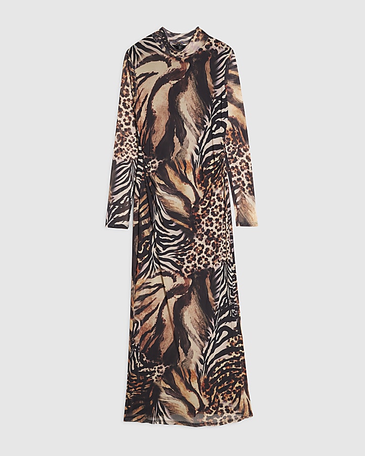 Beige Mixed Animal Print Mesh Maxi Dress
