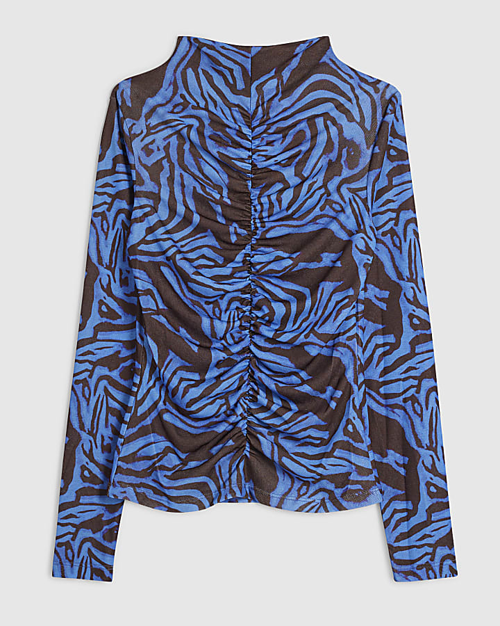 Blue Zebra Print Long Sleeve Ruched Front Top