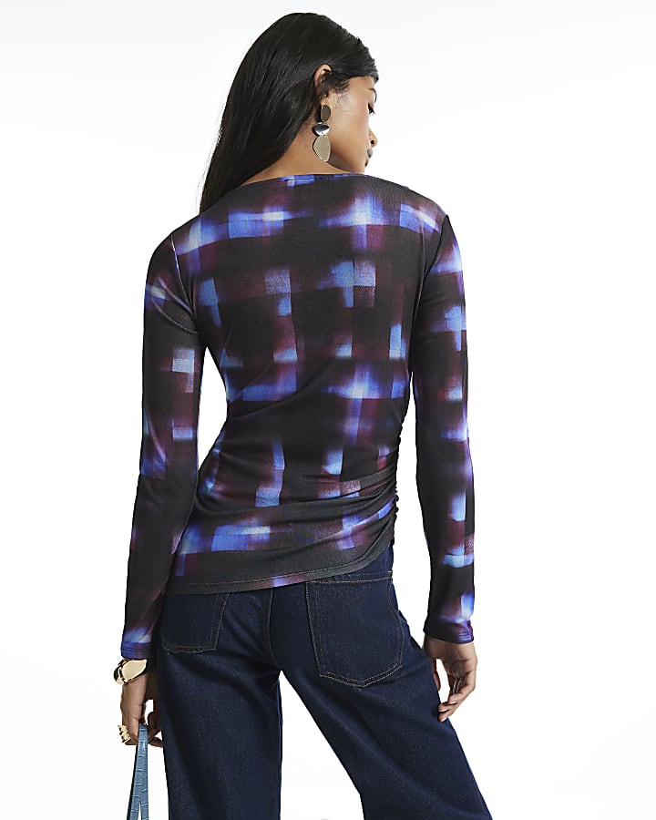 Blue Check Asymmetric Hem Top