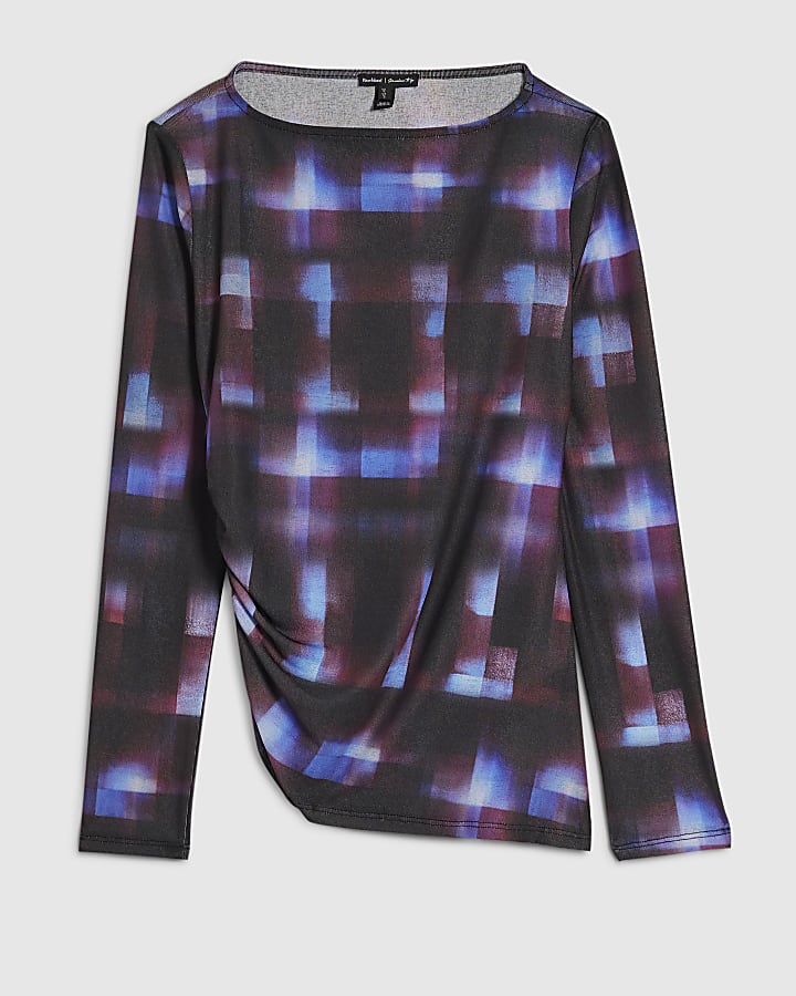 Blue Check Asymmetric Hem Top