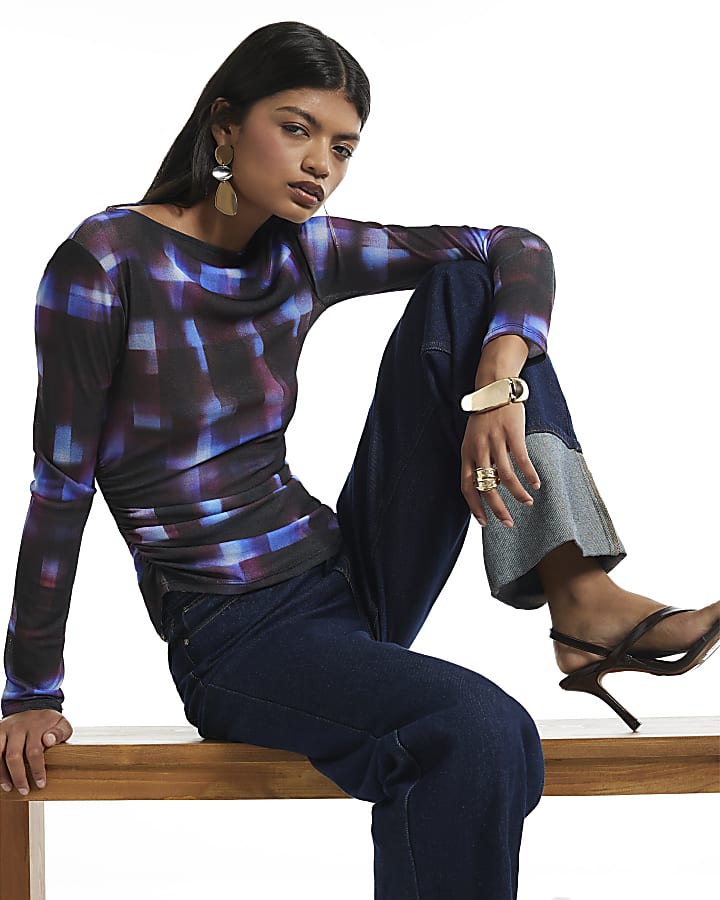 Blue Check Asymmetric Hem Top