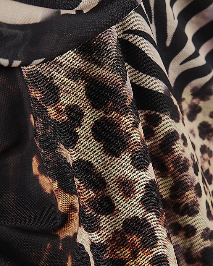 Beige Mixed Animal Print Mesh Top