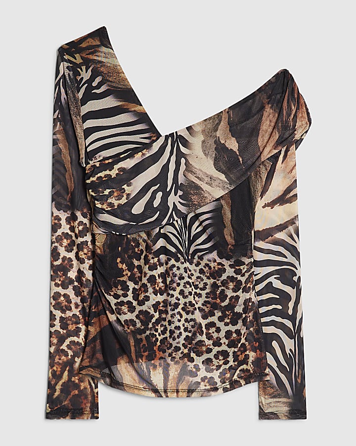 Beige Mixed Animal Print Mesh Top