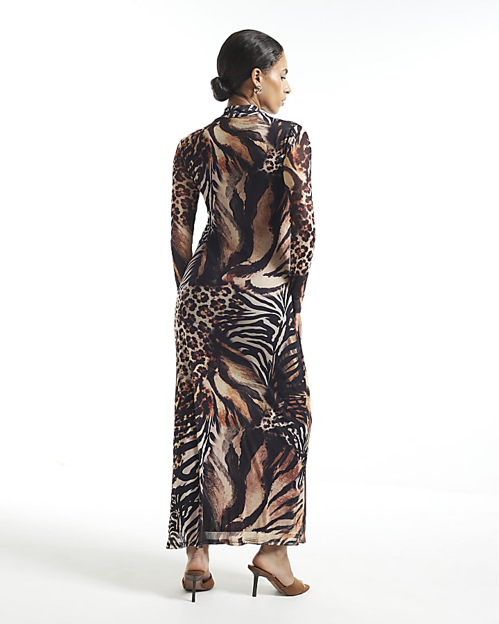 Petite Brown Leopard Print Mesh Maxi Dress