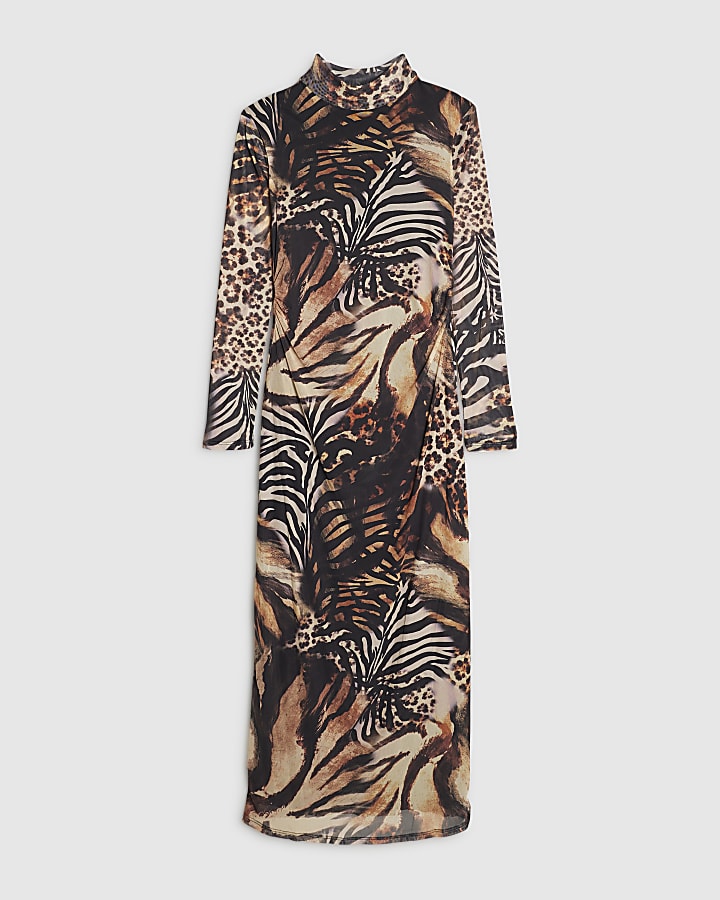 Petite Brown Leopard Print Mesh Maxi Dress