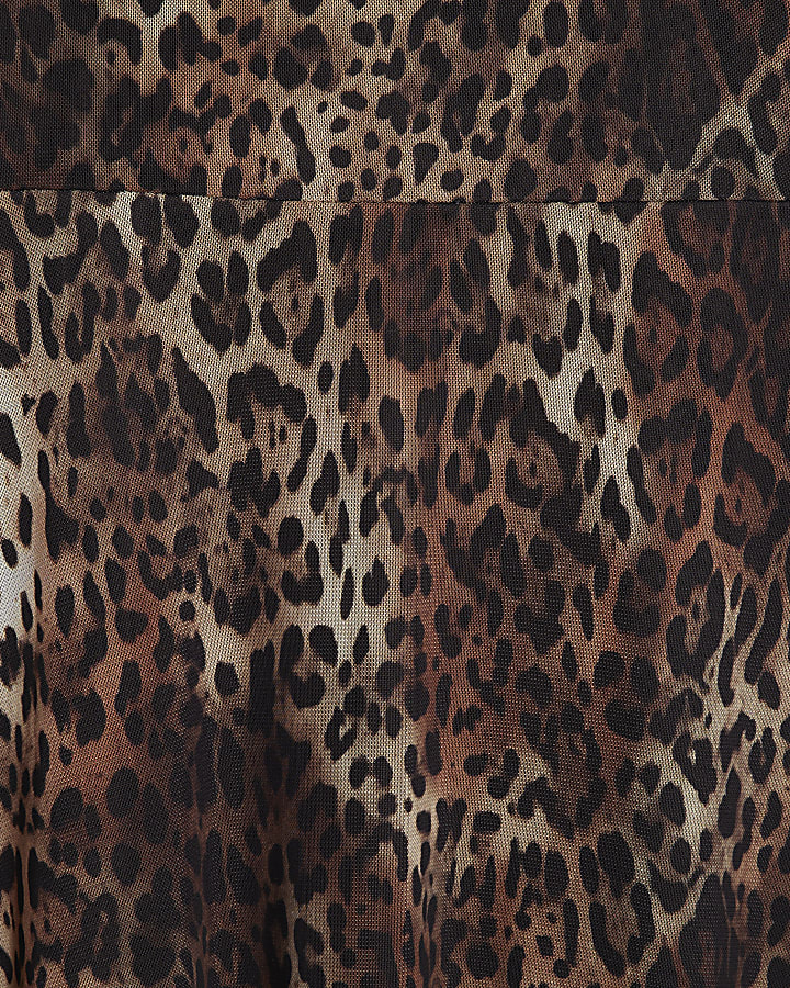 Brown Leopard Print Mesh Midi Dress