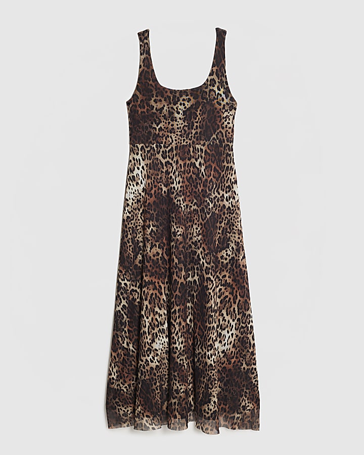 Brown Leopard Print Mesh Midi Dress