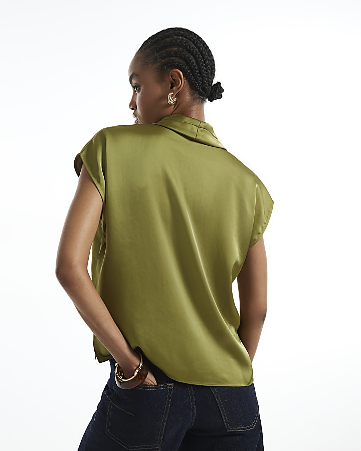 Khaki Satin Cowl Neck Tank Top