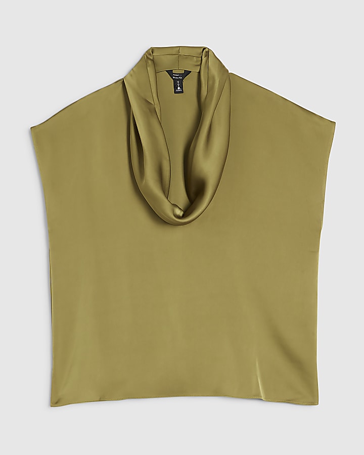 Khaki Satin Cowl Neck Tank Top