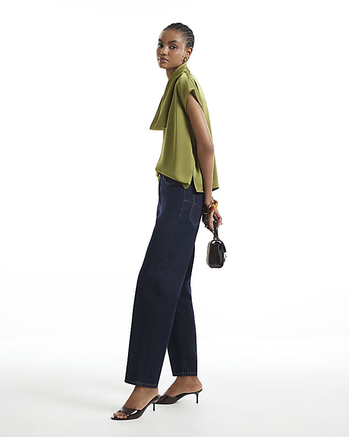 Khaki Satin Cowl Neck Tank Top