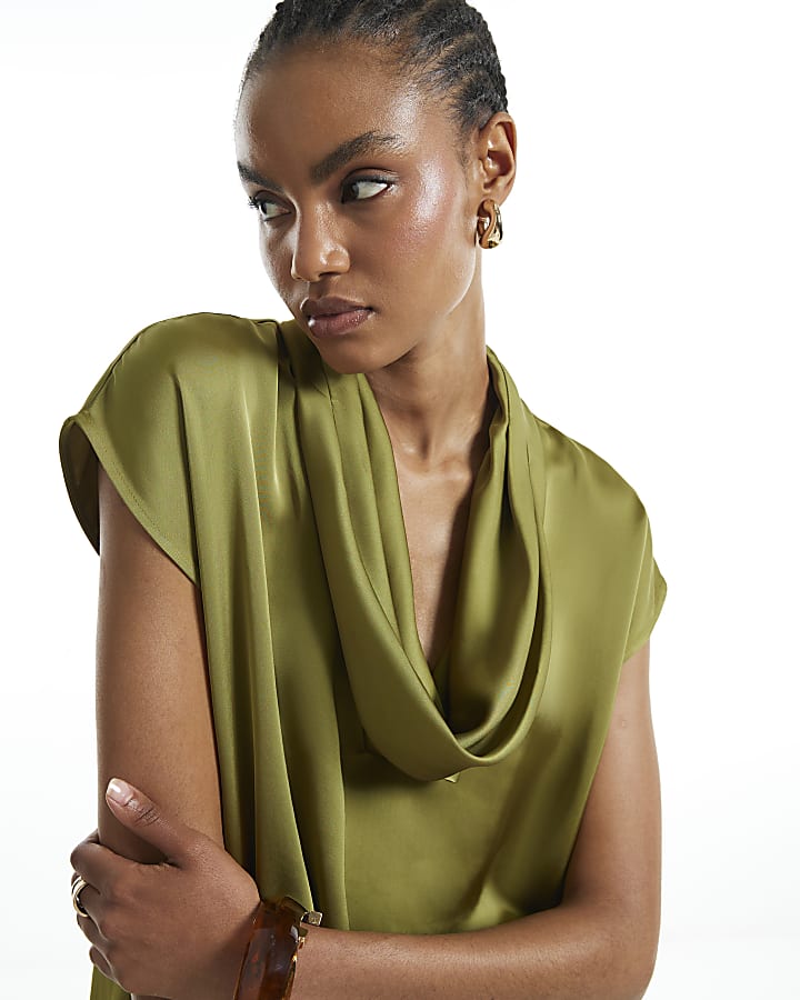 Khaki Satin Cowl Neck Tank Top