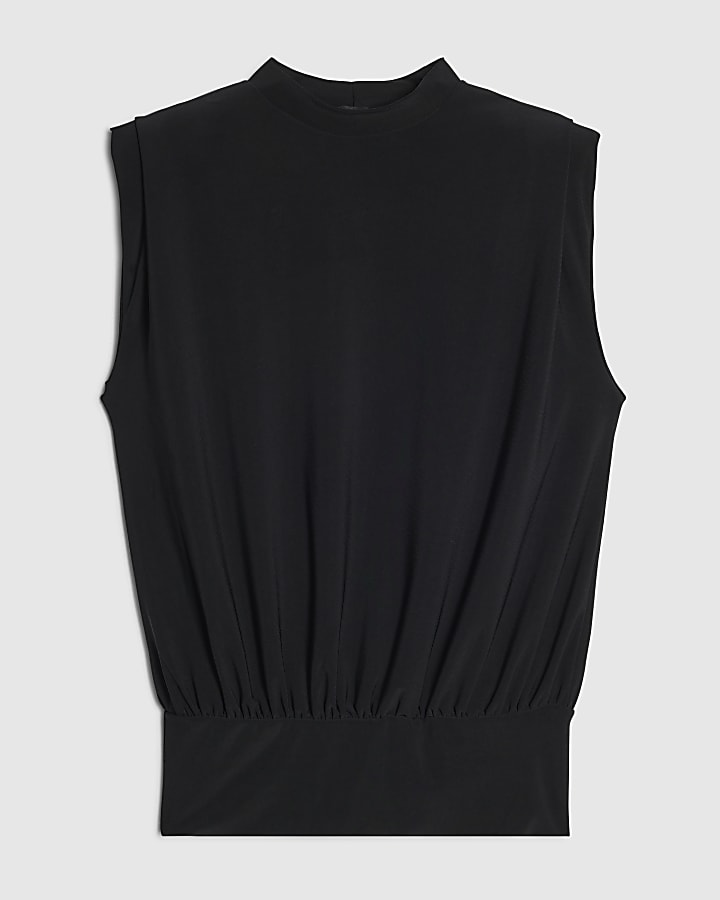 Black Sleeveless High Neck Cinched Waist Top