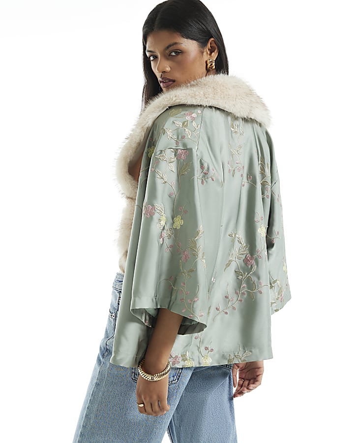 Green Satin Embroidered Faux Fur Trim Kimono