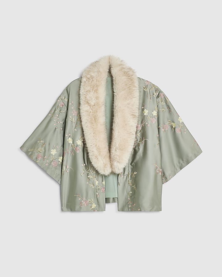 Green Satin Embroidered Faux Fur Trim Kimono