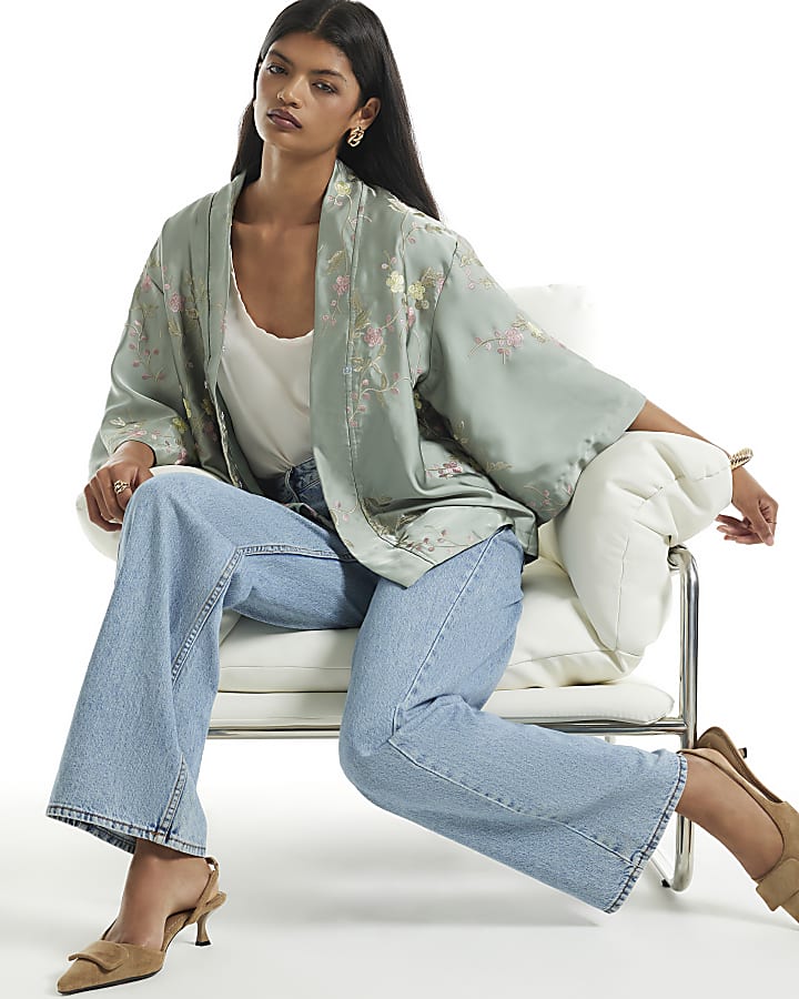Green Satin Embroidered Faux Fur Trim Kimono
