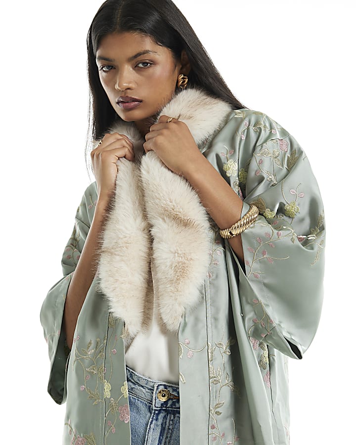 Green Satin Embroidered Faux Fur Trim Kimono