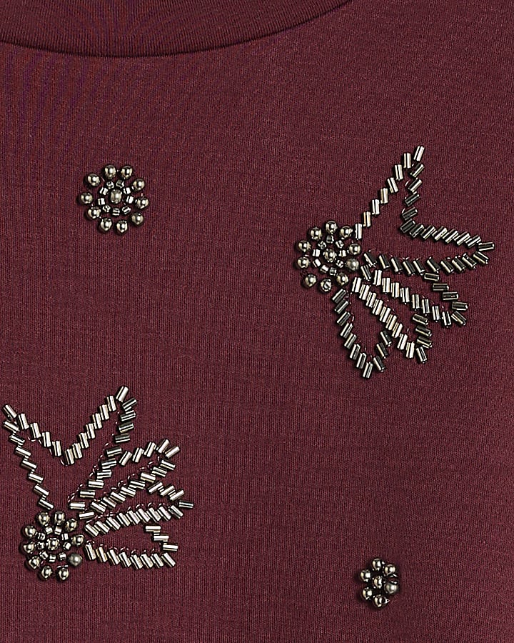 Burgundy Scatter Embellished Cropped T-Shirt