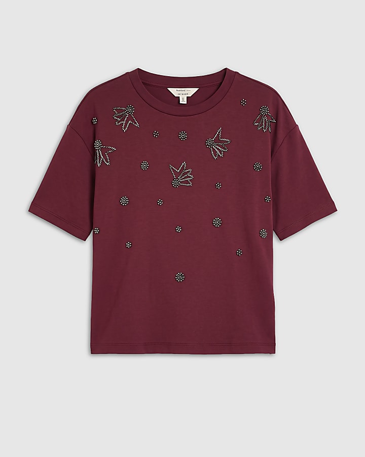Burgundy Scatter Embellished Cropped T-Shirt