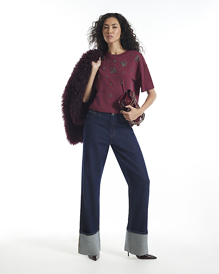 Burgundy Scatter Embellished Cropped T-Shirt