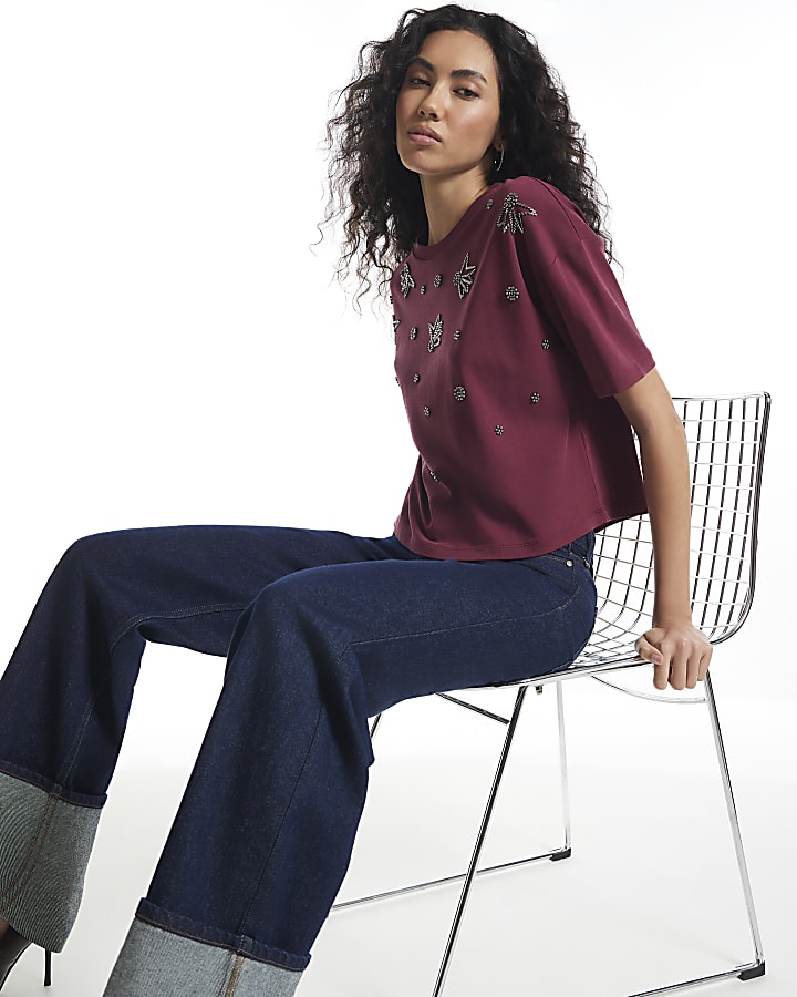 Burgundy Scatter Embellished Cropped T-Shirt
