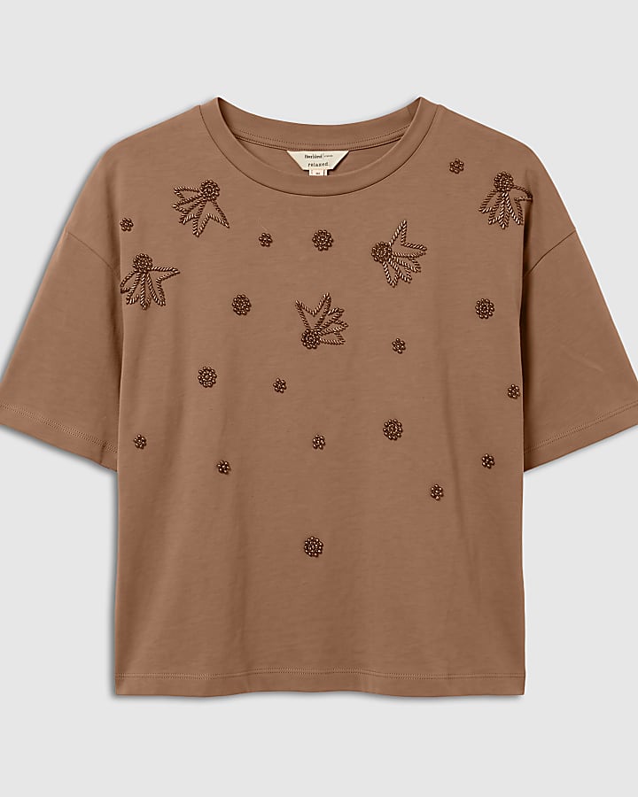 Brown Scatter Embellished Cropped T-Shirt
