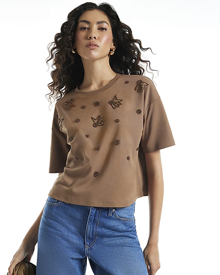 Brown Scatter Embellished Cropped T-Shirt