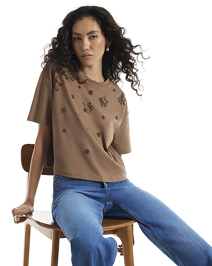 Brown Scatter Embellished Cropped T-Shirt